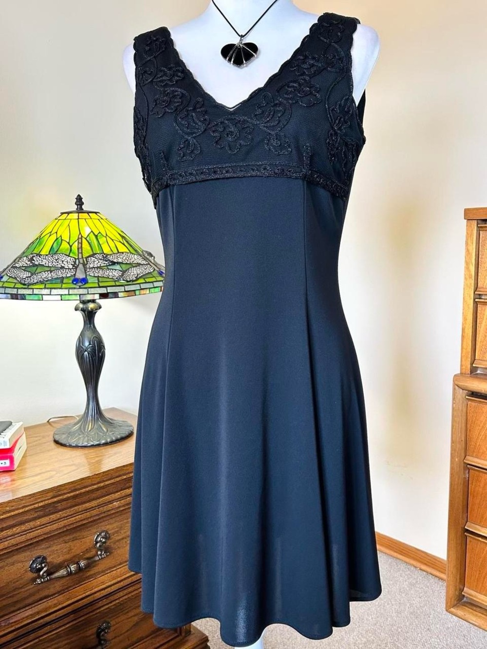 Vintage 90s Celine little black dress with beaded lace detailing on the bodice